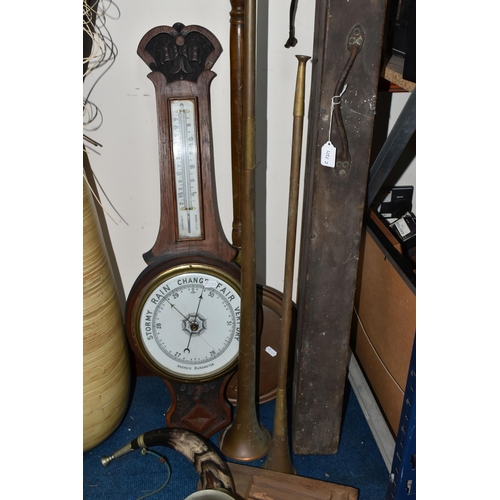 364 - A BAROMETER, COACHING/HUNTING HORNS, A RATTLE AND A WARMING PAN, comprising a horn, brass and plate ... 