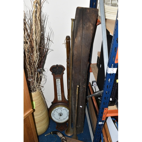 364 - A BAROMETER, COACHING/HUNTING HORNS, A RATTLE AND A WARMING PAN, comprising a horn, brass and plate ... 