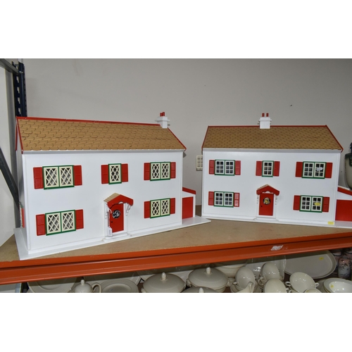 365 - TWO WOODEN DOLL'S HOUSES, modelled as a detached house with side garage, front opening, no furniture... 