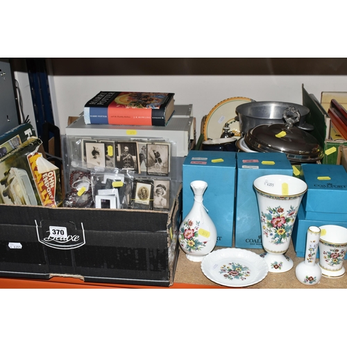 370 - TWO BOXES OF MISCELLANEOUS SUNDRIES, to include five boxed pieces of Coalport 'Ming Rose' pattern gi... 