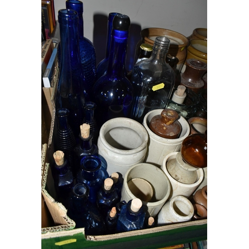 372 - ONE BOX OF VINTAGE GLASS BOTTLES AND STONEWARE FLAGONS, to include four small flagons, eight large s... 