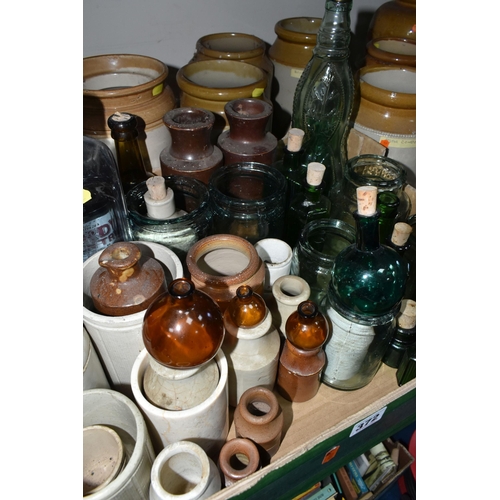 372 - ONE BOX OF VINTAGE GLASS BOTTLES AND STONEWARE FLAGONS, to include four small flagons, eight large s... 