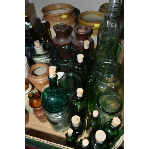 372 - ONE BOX OF VINTAGE GLASS BOTTLES AND STONEWARE FLAGONS, to include four small flagons, eight large s... 