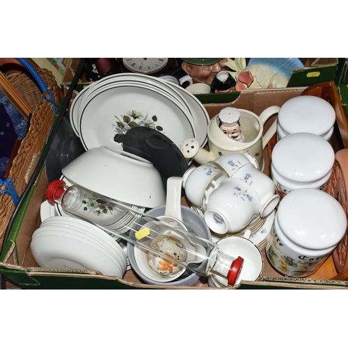 373 - FOUR BOXES OF CERAMICS AND MISCELLANEOUS SUNDRIES, to include a vintage wicker shopping basket, fram... 