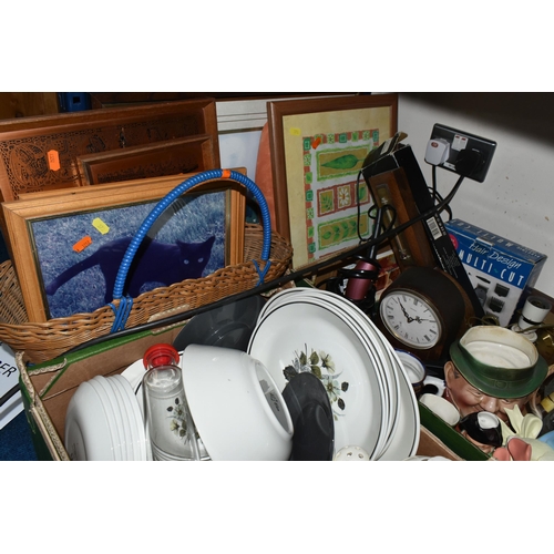 373 - FOUR BOXES OF CERAMICS AND MISCELLANEOUS SUNDRIES, to include a vintage wicker shopping basket, fram... 