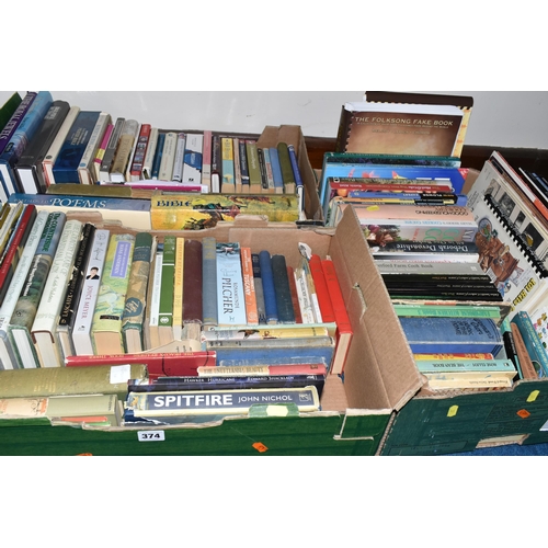 374 - THREE BOXES OF BOOKS containing over 125 miscellaneous titles in hardback and paperback formats, sub... 