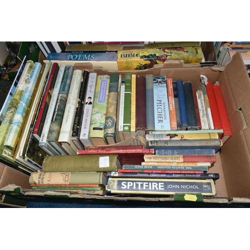 374 - THREE BOXES OF BOOKS containing over 125 miscellaneous titles in hardback and paperback formats, sub... 