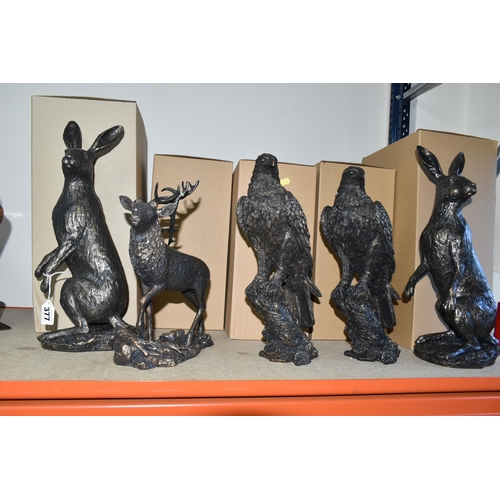 377 - FIVE NEW AND UNUSED BOXED BRONZED RESIN FIGURES, 'Studio Bronze- Border Fine Arts' comprising two A2... 