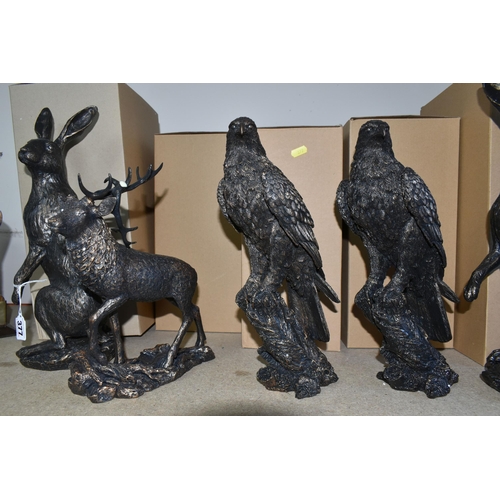 377 - FIVE NEW AND UNUSED BOXED BRONZED RESIN FIGURES, 'Studio Bronze- Border Fine Arts' comprising two A2... 