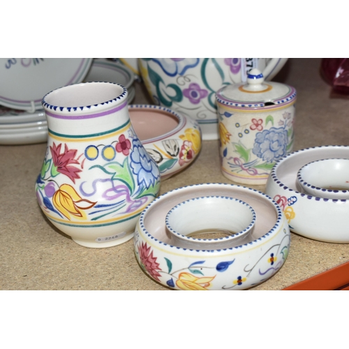 379 - A GROUP OF MID-CENTURY POOLE POTTERY 'TRADITIONAL WARE' DESIGN, comprising two posy rings, vase, hei... 