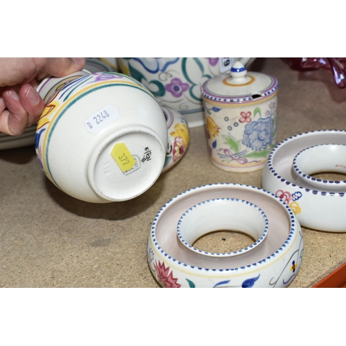 379 - A GROUP OF MID-CENTURY POOLE POTTERY 'TRADITIONAL WARE' DESIGN, comprising two posy rings, vase, hei... 