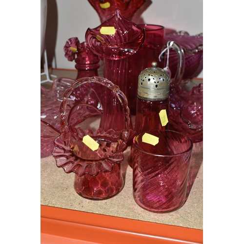 380 - A GROUP OF CRANBERRY GLASS, comprising three frilled edge bowls, a small basket, tumbler (chipped), ... 