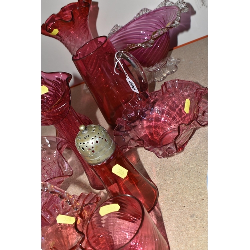 380 - A GROUP OF CRANBERRY GLASS, comprising three frilled edge bowls, a small basket, tumbler (chipped), ... 