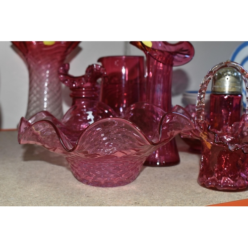 380 - A GROUP OF CRANBERRY GLASS, comprising three frilled edge bowls, a small basket, tumbler (chipped), ... 