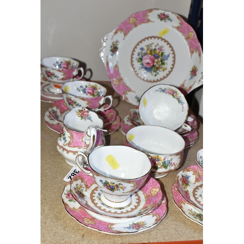 382 - A ROYAL ALBERT 'LADY CARLISLE' PATTERN TEA SET, comprising milk jug, sugar bowl, cake plate, six cup... 