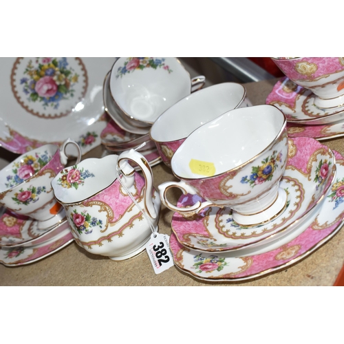 382 - A ROYAL ALBERT 'LADY CARLISLE' PATTERN TEA SET, comprising milk jug, sugar bowl, cake plate, six cup... 