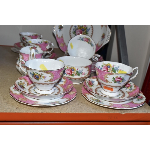 382 - A ROYAL ALBERT 'LADY CARLISLE' PATTERN TEA SET, comprising milk jug, sugar bowl, cake plate, six cup... 