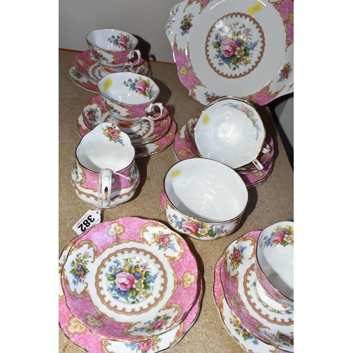 382 - A ROYAL ALBERT 'LADY CARLISLE' PATTERN TEA SET, comprising milk jug, sugar bowl, cake plate, six cup... 