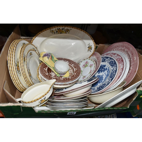 383 - FIVE BOXES OF CERAMICS AND GLASSWARE, to include Myott floral dinnerware, kitchen cannisters, tea se... 