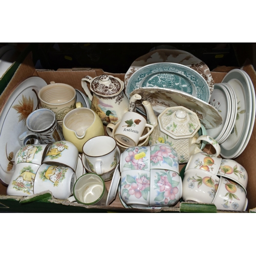 383 - FIVE BOXES OF CERAMICS AND GLASSWARE, to include Myott floral dinnerware, kitchen cannisters, tea se... 