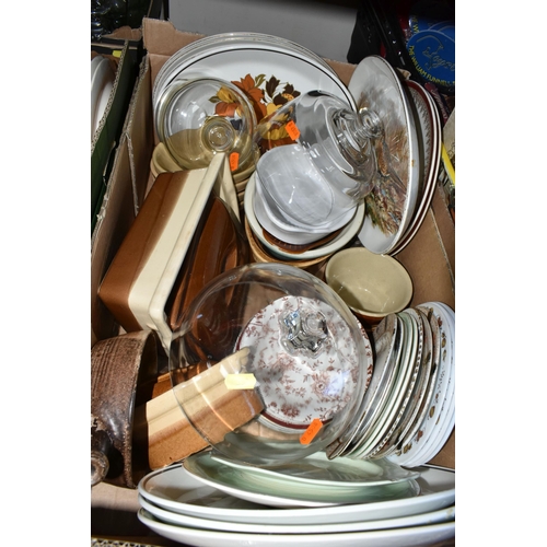 383 - FIVE BOXES OF CERAMICS AND GLASSWARE, to include Myott floral dinnerware, kitchen cannisters, tea se... 