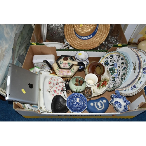 386 - TWO BOXES OF CERAMICS, FRAMED WATERCOLOURS, PRINTS AND GLASSWARE, to include an Apple iPad 16GB, mod... 