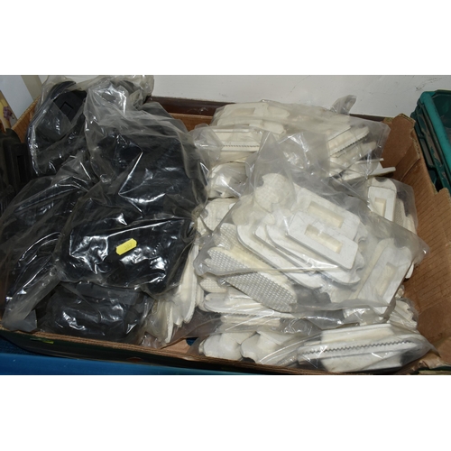 387 - FIVE BOXES OF NEW AND UNUSED PACKETS OF EQUESTRIAN WARE, to include spurs, sweat scrape, hoof pick b... 