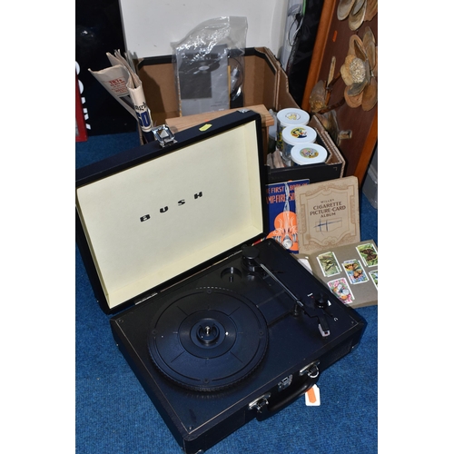 388 - ONE BOX OF MISCELLANEOUS SUNDRIES, to include a modern Bush portable 'Classic' turntable, model KTS-... 