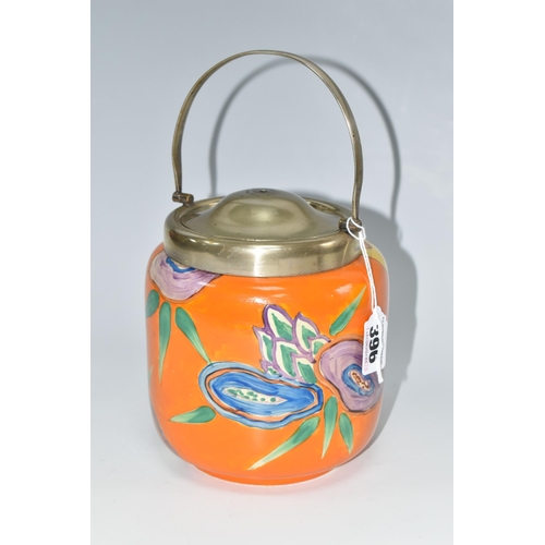 396 - A CLARICE CLIFF CYLINDRICAL BISCUIT BARREL, in Lei pattern, with stylised flowers on an orange groun... 