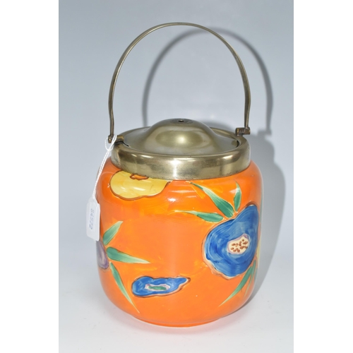 396 - A CLARICE CLIFF CYLINDRICAL BISCUIT BARREL, in Lei pattern, with stylised flowers on an orange groun... 