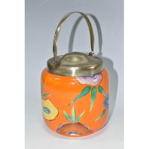 396 - A CLARICE CLIFF CYLINDRICAL BISCUIT BARREL, in Lei pattern, with stylised flowers on an orange groun... 