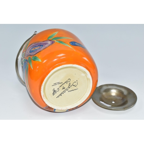 396 - A CLARICE CLIFF CYLINDRICAL BISCUIT BARREL, in Lei pattern, with stylised flowers on an orange groun... 