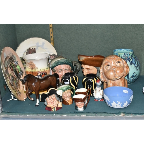 398 - A GROUP OF CERAMICS, to include three pieces of Royal Doulton series ware: a vase with coaching scen... 