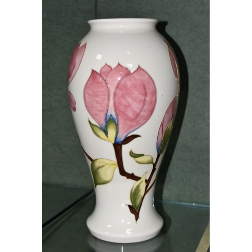 400 - A LARGE MOORCROFT POTTERY VASE, of shouldered form, tube lined in Magnolia pattern on a cream ground... 