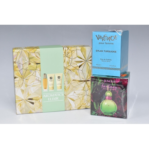 401 - BOXED PERFUMES AND A CLINIQUE GIFT SET, comprising a sealed Versace Pour Femme 'Dylan Turquoise' Eau... 