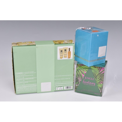 401 - BOXED PERFUMES AND A CLINIQUE GIFT SET, comprising a sealed Versace Pour Femme 'Dylan Turquoise' Eau... 