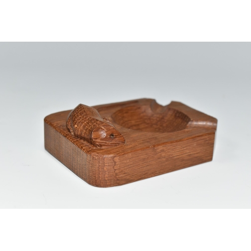 405 - A ROBERT THOMPSON OF KILBURN 'MOUSEMAN' OAK ASHTRAY, carved with signature mouse, length 10cm x widt... 