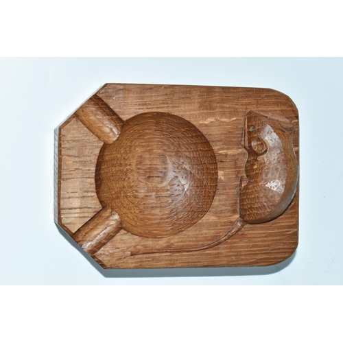 405 - A ROBERT THOMPSON OF KILBURN 'MOUSEMAN' OAK ASHTRAY, carved with signature mouse, length 10cm x widt... 