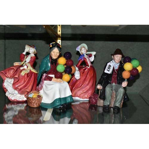 407 - FOUR ROYAL DOULTON FIGURINES, comprising The Balloon Man HN1954 (broken and glued around neck), The ... 