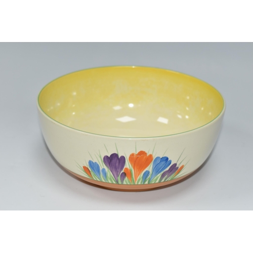 408 - A CLARICE CLIFF 'CROCUS' PATTERN BOWL, the footed bowl painted with orange, purple and blue crocus f... 