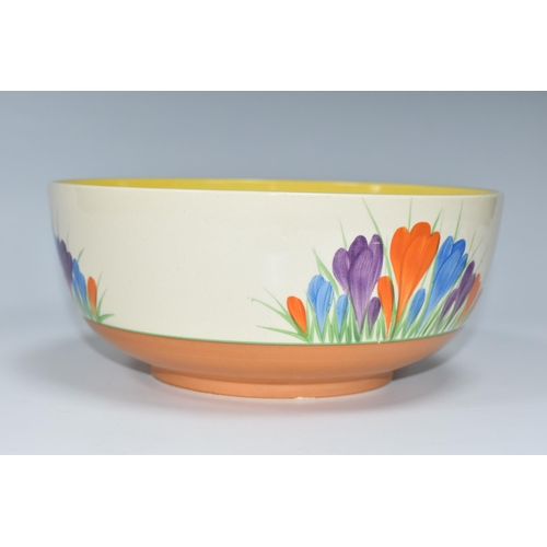 408 - A CLARICE CLIFF 'CROCUS' PATTERN BOWL, the footed bowl painted with orange, purple and blue crocus f... 