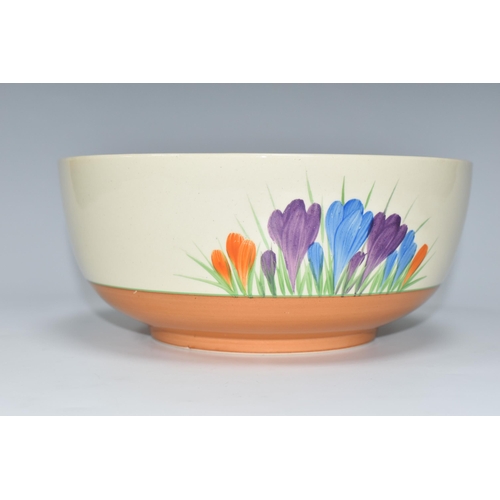 408 - A CLARICE CLIFF 'CROCUS' PATTERN BOWL, the footed bowl painted with orange, purple and blue crocus f... 