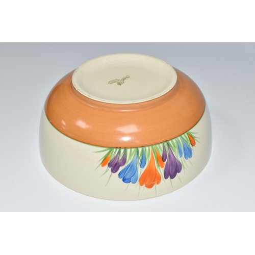 408 - A CLARICE CLIFF 'CROCUS' PATTERN BOWL, the footed bowl painted with orange, purple and blue crocus f... 