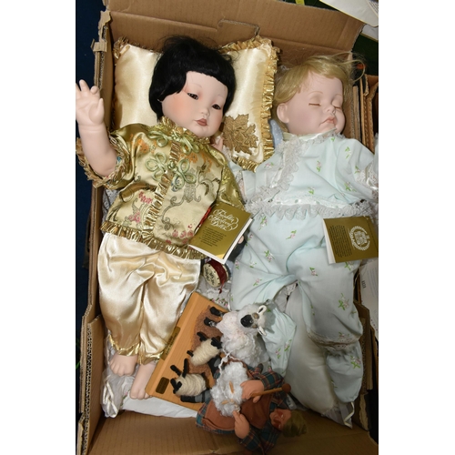 411 - THREE BOXES OF COLLECTABLE PORCELAIN DOLLS,  comprising a Danbury Mint 'Bundle of Joy' 0939, a Frank... 