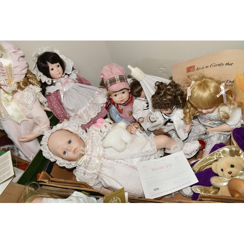 411 - THREE BOXES OF COLLECTABLE PORCELAIN DOLLS,  comprising a Danbury Mint 'Bundle of Joy' 0939, a Frank... 