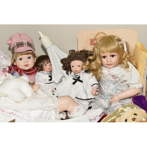 411 - THREE BOXES OF COLLECTABLE PORCELAIN DOLLS,  comprising a Danbury Mint 'Bundle of Joy' 0939, a Frank... 