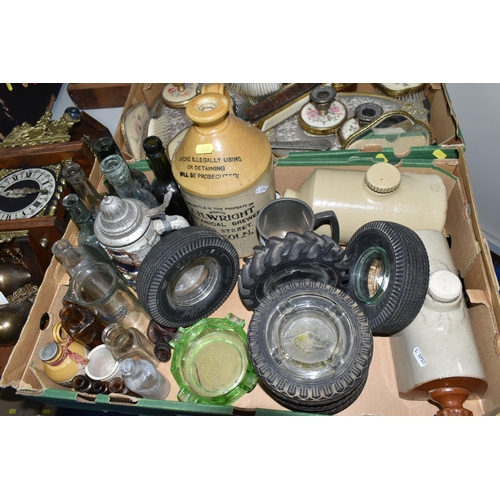 412 - TWO BOXES OF GLASSWARE, CLOCKS AND SUNDRIES, to include six tyre advertising ashtrays, Goodyear and ... 