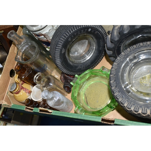 412 - TWO BOXES OF GLASSWARE, CLOCKS AND SUNDRIES, to include six tyre advertising ashtrays, Goodyear and ... 