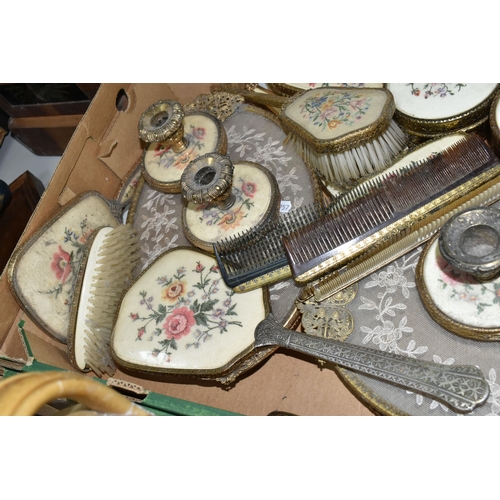 412 - TWO BOXES OF GLASSWARE, CLOCKS AND SUNDRIES, to include six tyre advertising ashtrays, Goodyear and ... 