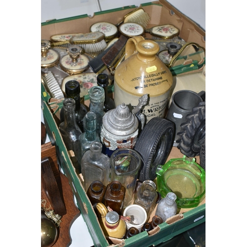 412 - TWO BOXES OF GLASSWARE, CLOCKS AND SUNDRIES, to include six tyre advertising ashtrays, Goodyear and ... 